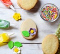 Cookies with decorations tools Ã¢â¬â icing, marzipan flower, nonpareil Royalty Free Stock Photo